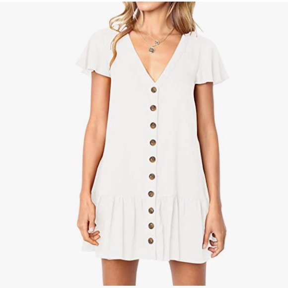 Dresses & Skirts - Button Down Stylish V Neck Short Sleeve Dress with Ruffles